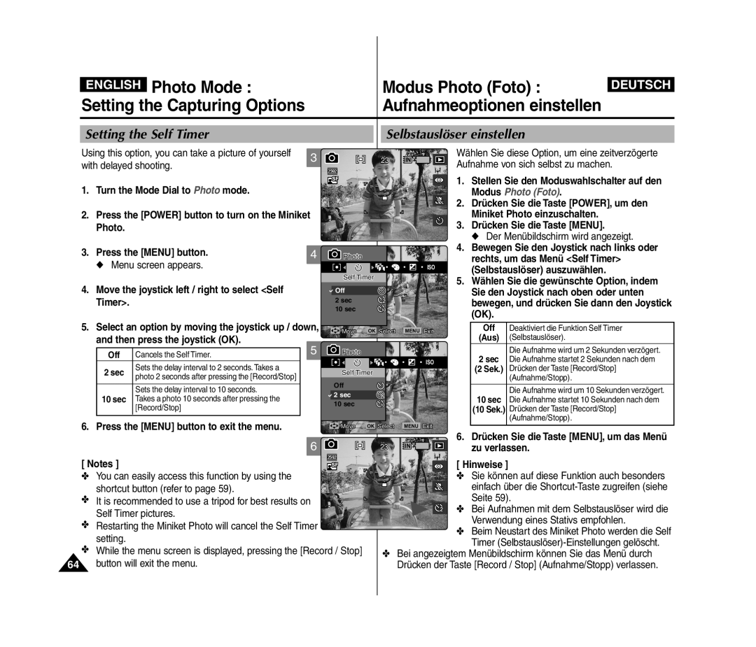 Samsung VP-MM11S/XET, VP-MM11S/XEF, VP-MM12S/XET, VP-MM12BL/XET manual Setting the Self Timer, Selbstauslöser einstellen 