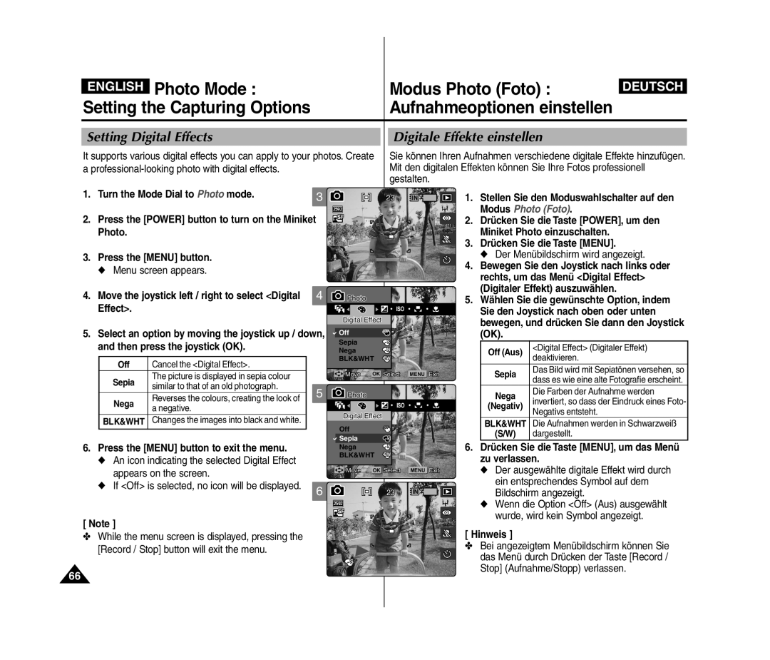 Samsung VP-MM12BL/XET, VP-MM11S/XEF, VP-MM11S/XET manual Setting Digital Effects, Digitale Effekte einstellen, Sepia, Off Aus 