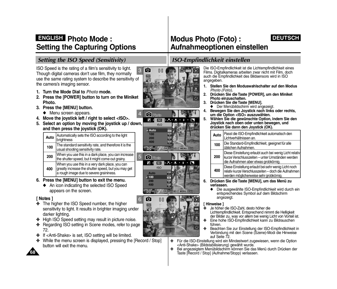 Samsung VP-MM11S/CHN, VP-MM11S/XEF manual Setting the ISO Speed Sensitivity, ISO-Empfindlichkeit einstellen, 100, 200 