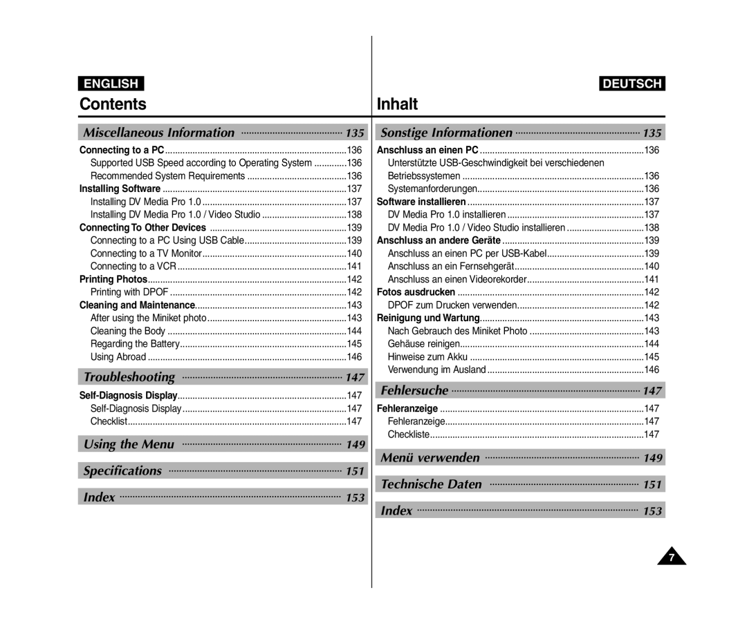 Samsung VP-MM11S/XEV, VP-MM11S/XEF, VP-MM11S/XET, VP-MM12S/XET, VP-MM12BL/XET, VP-MM11S/AND, VP-MM11S/CHN manual Contents Inhalt 