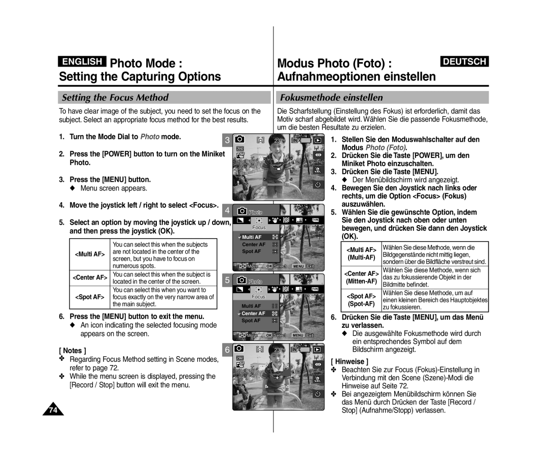 Samsung VP-MM12S/XET Setting the Focus Method, Fokusmethode einstellen, Move the joystick left / right to select Focus 