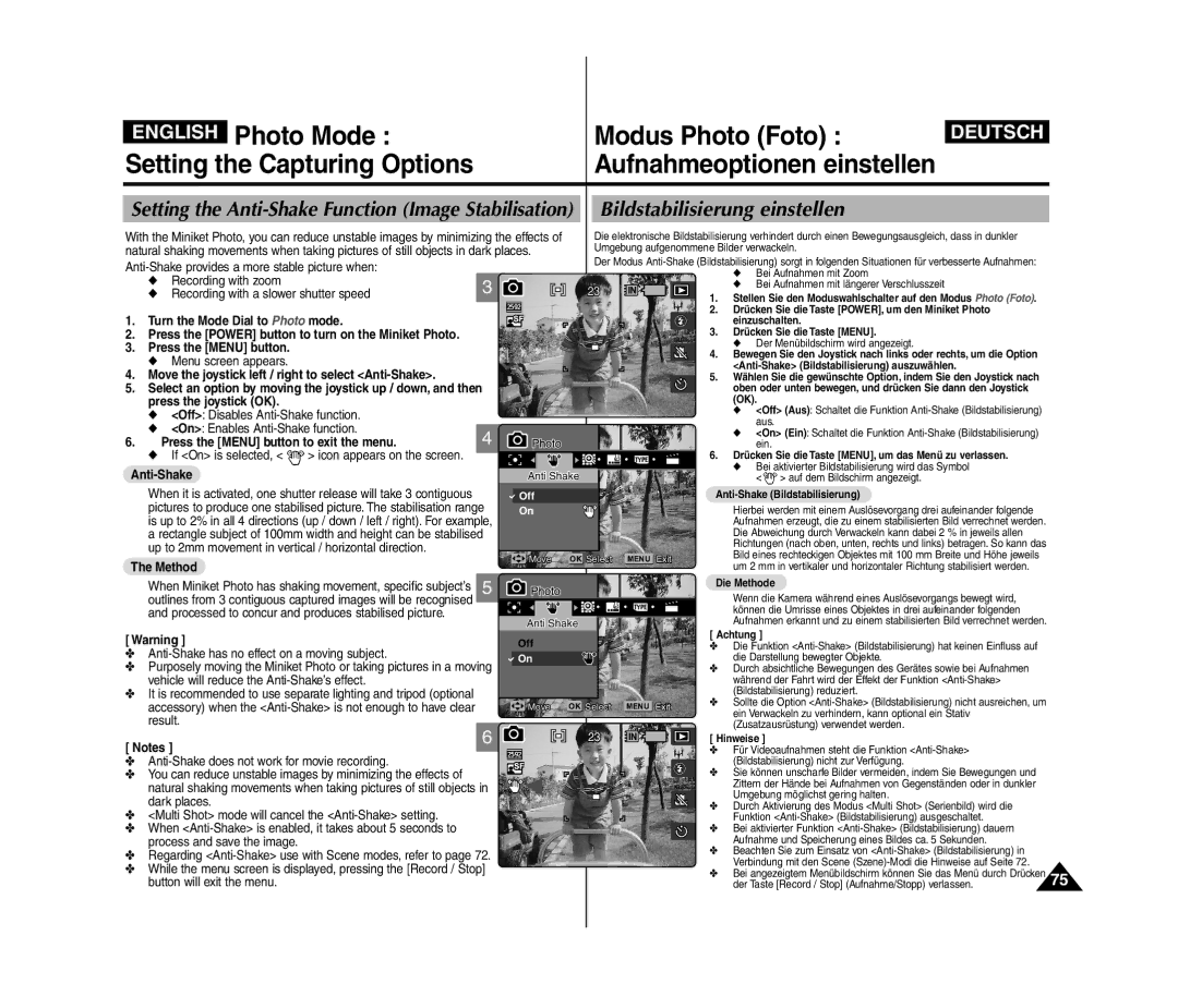 Samsung VP-MM12BL/XET, VP-MM11S/XEF Bildstabilisierung einstellen, Setting the Anti-Shake Function Image Stabilisation 