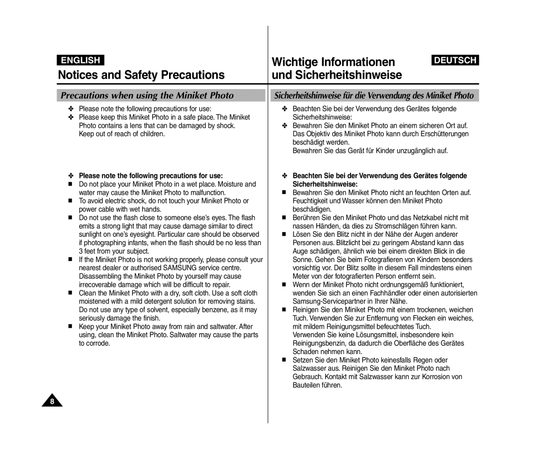 Samsung VP-MM12S/XEV manual Wichtige Informationen, Und Sicherheitshinweise, Precautions when using the Miniket Photo 