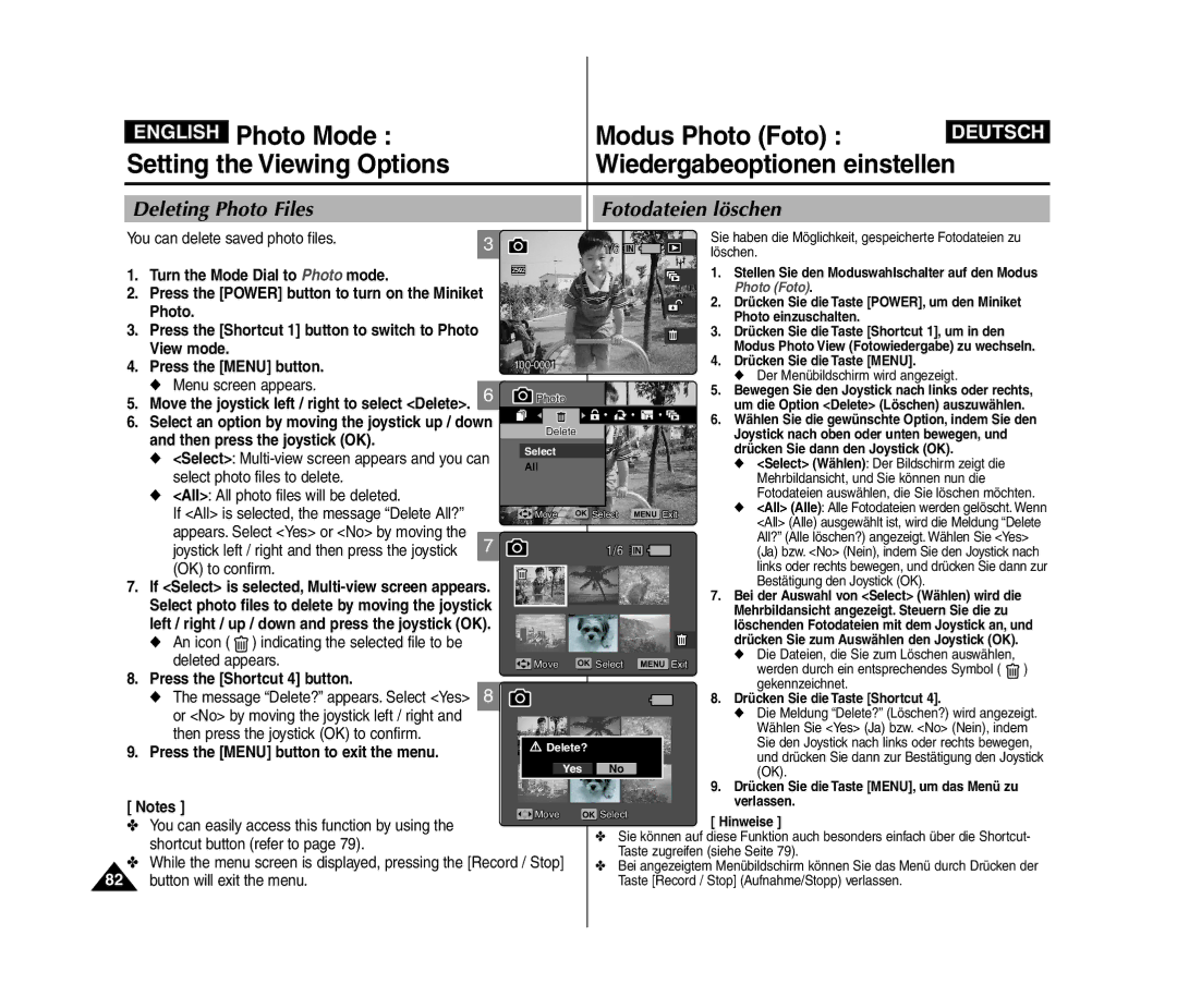 Samsung VP-MM11S/XET, VP-MM11S/XEF, VP-MM12S/XET manual Photo Mode Modus Photo Foto, Deleting Photo Files Fotodateien löschen 