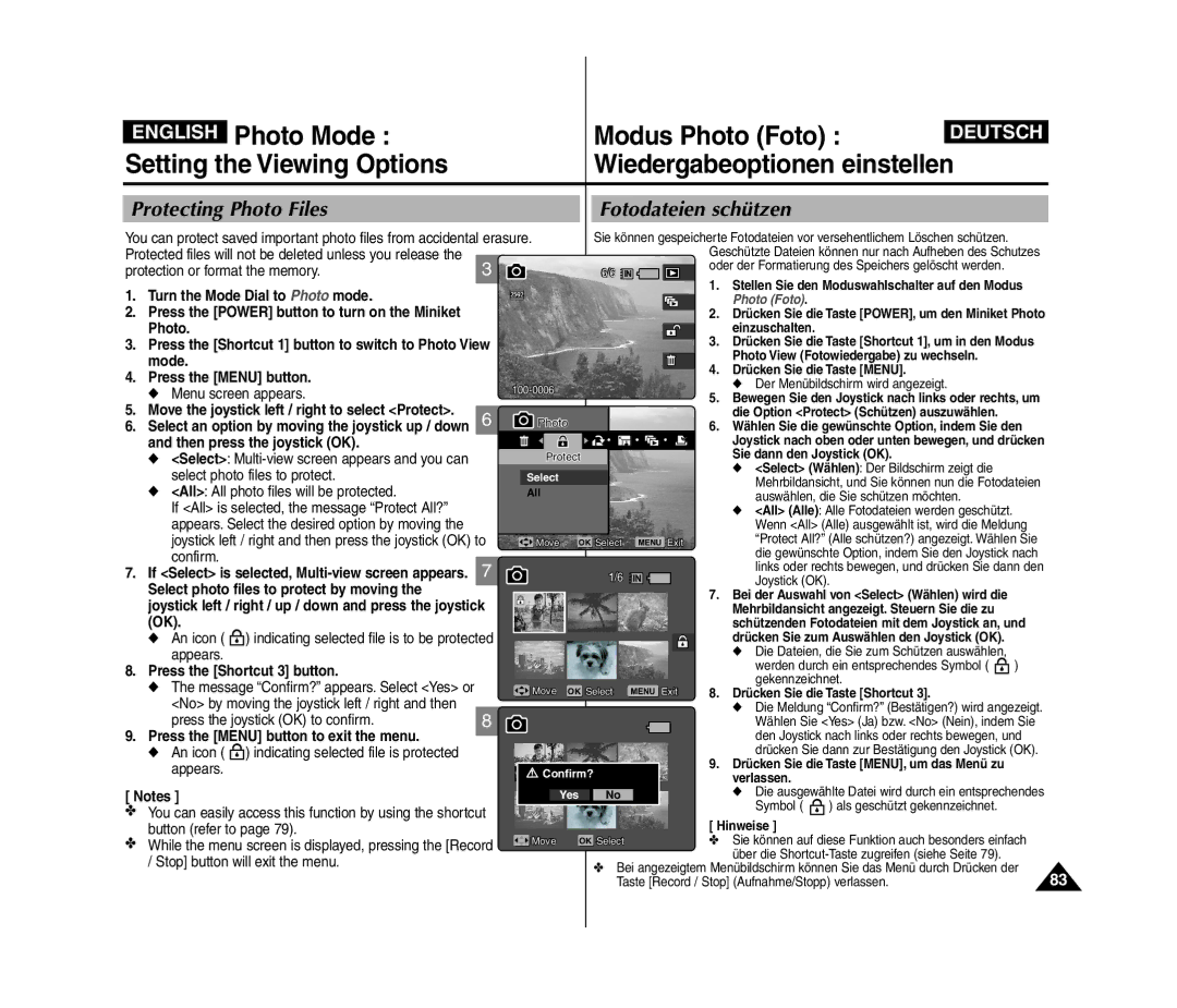 Samsung VP-MM12S/XET, VP-MM11S/XEF, VP-MM11S/XET Protecting Photo Files Fotodateien schützen, Press the Shortcut 3 button 