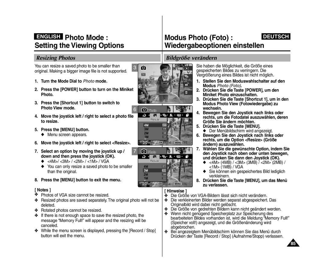 Samsung VP-MM11S/AND, VP-MM11S/XEF Resizing Photos Bildgröße verändern, You can resize a saved photo to be smaller than 