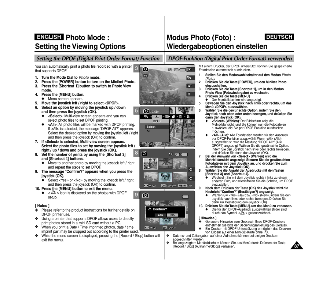 Samsung VP-MM11S/MEA Turn the Mode Dial to Photo mode, Move the joystick left / right to select Dpof, Shortcut 4 buttons 