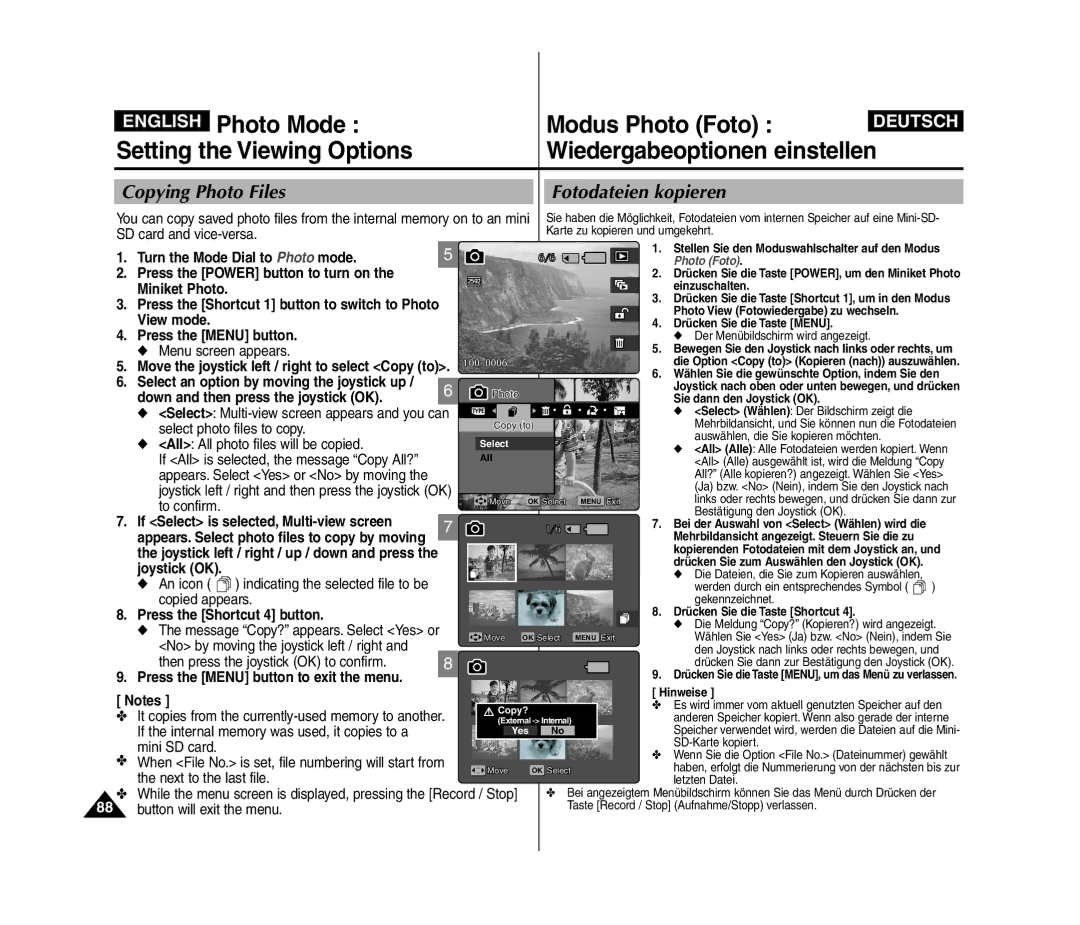 Samsung VP-MM11S/XEV, VP-MM11S/XEF manual Copying Photo Files Fotodateien kopieren, If Select is selected, Multi-view screen 