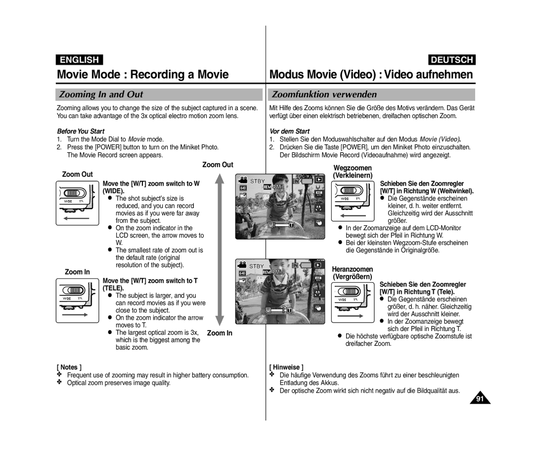 Samsung VP-MM11S/XET, VP-MM11S/XEF, VP-MM12S/XET manual Movie Mode Recording a Movie, Modus Movie Video Video aufnehmen, Zoom 