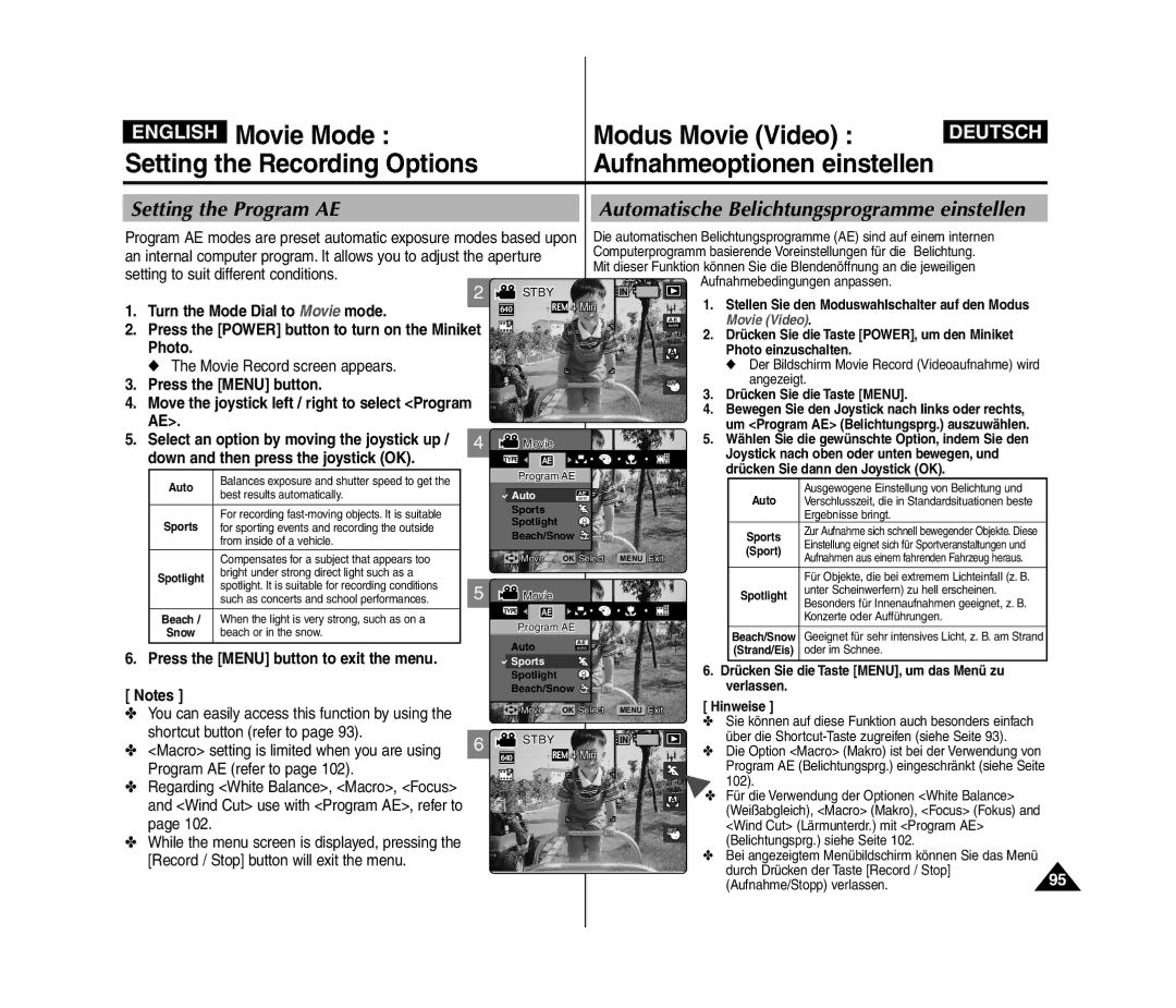 Samsung VP-MM11S/CHN, VP-MM11S/XEF manual Setting the Program AE, Setting to suit different conditions, Program AE refer to 