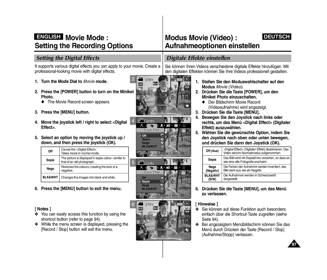 Samsung VP-MM11S/XEV, VP-MM11S/XEF, VP-MM11S/XET, VP-MM12S/XET, VP-MM12BL/XET, VP-MM11S/AND manual Setting the Digital Effects 