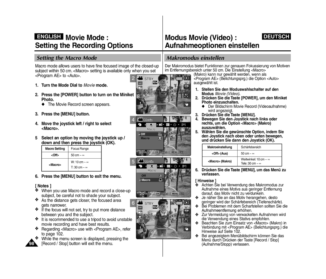 Samsung VP-MM12S/XEV, VP-MM11S/XEF manual Program AE to Auto, Move the joystick left / right to select, Macro, Gets narrower 