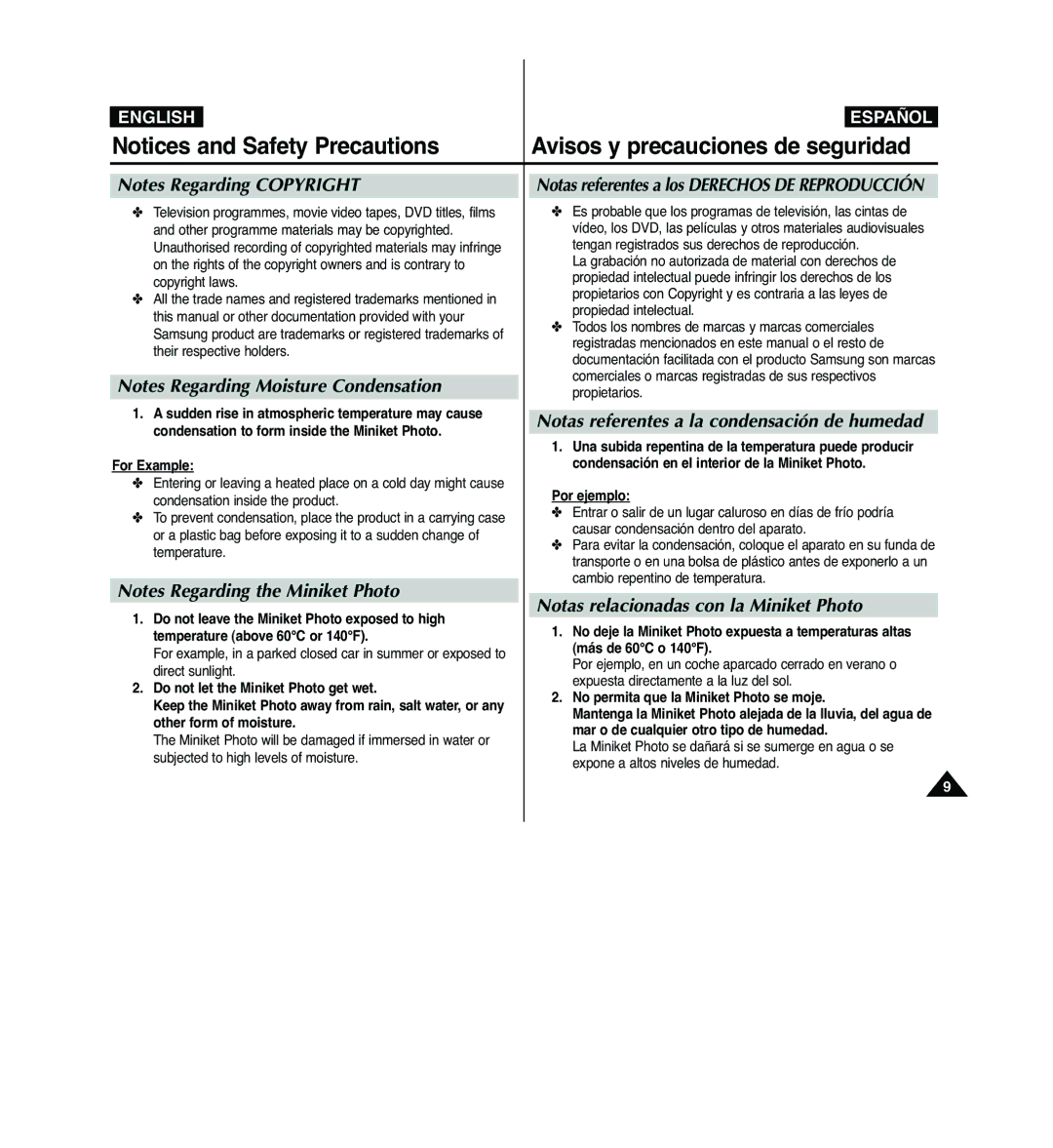 Samsung VP-MM11S/XET, VP-MM11S/XEF manual Avisos y precauciones de seguridad, Notas referentes a la condensación de humedad 