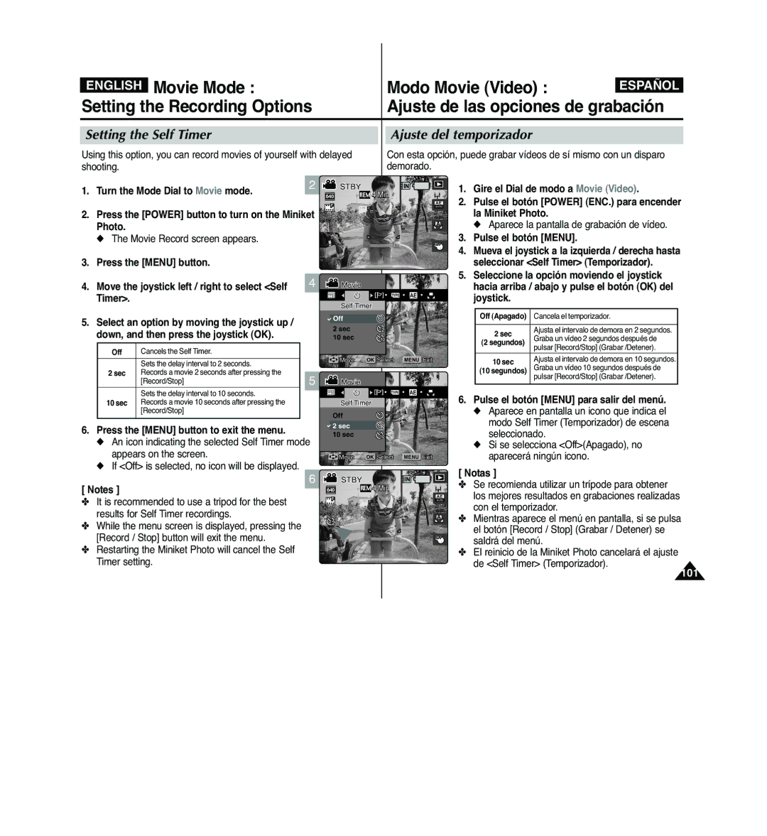 Samsung VP-MM12BL/XET manual Setting the Self Timer Ajuste del temporizador, Move the joystick left / right to select Self 