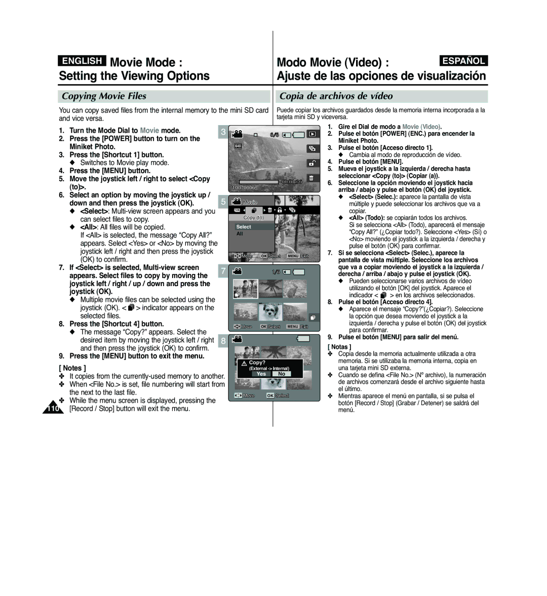 Samsung VP-MM12BL/XET, VP-MM11S/XEF manual Copying Movie Files Copia de archivos de vídeo, Press the Shortcut 4 button 