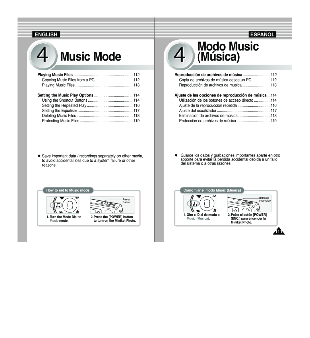 Samsung VP-MM11S/AND, VP-MM11S/XEF, VP-MM11S/XET, VP-MM12S/XET, VP-MM12BL/XET Music Mode, Reproducción de archivos de música 