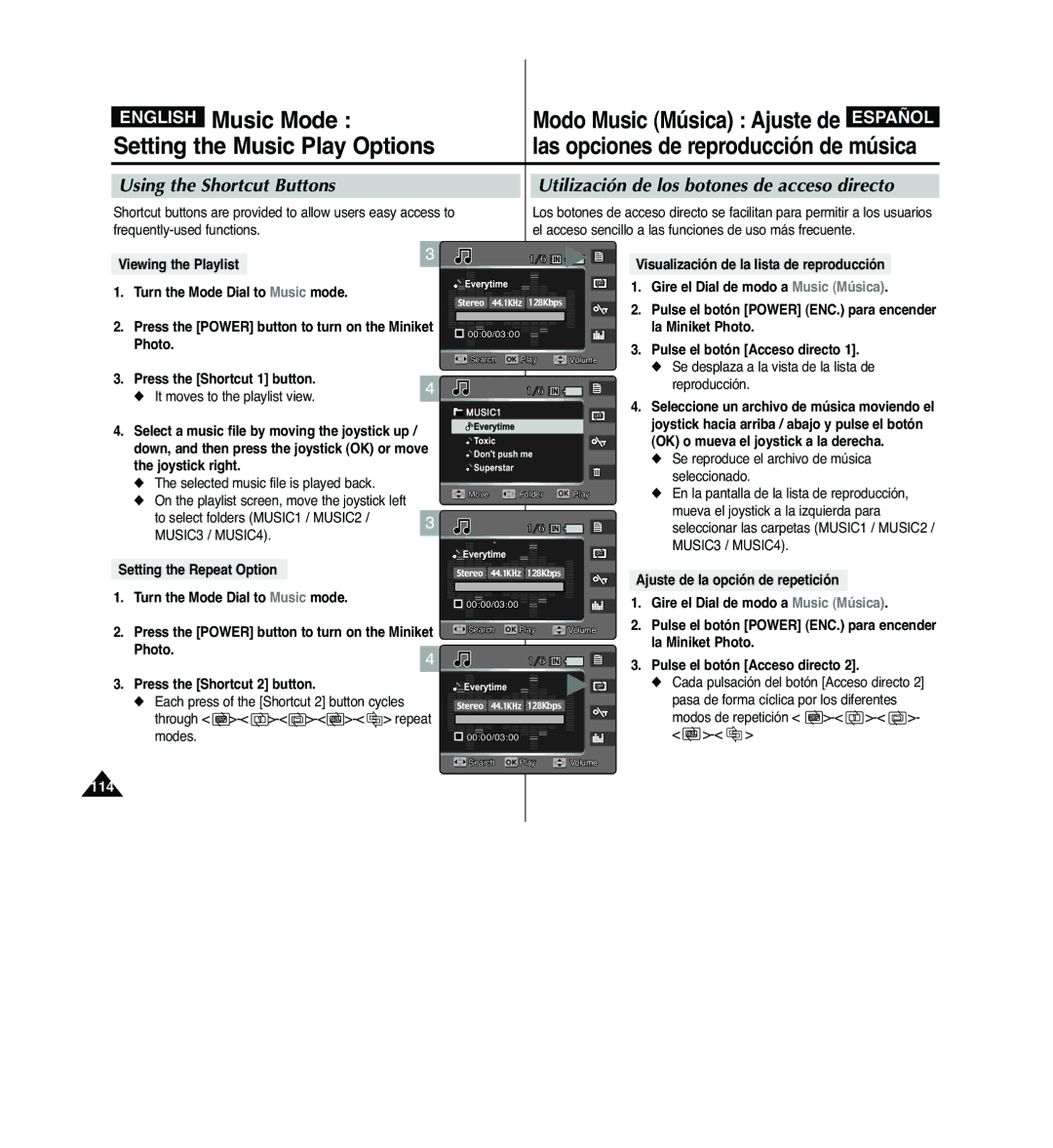 Samsung VP-MM11S/XEV, VP-MM11S/XEF manual Music Mode, Setting the Music Play Options, Modo Music Música Ajuste de Español 