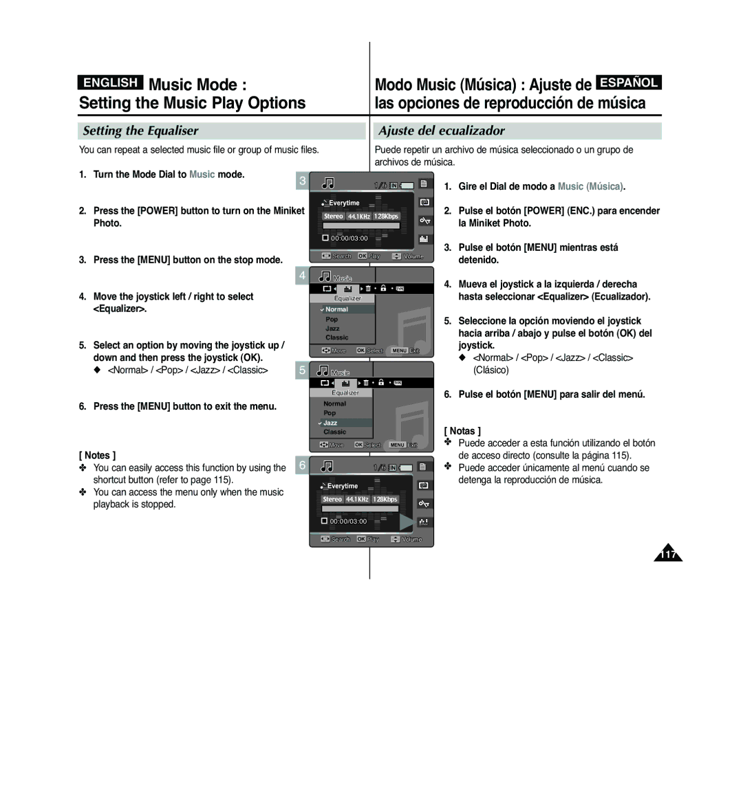 Samsung VP-MM11S/XET, VP-MM11S/XEF manual Setting the Equaliser Ajuste del ecualizador, Normal / Pop / Jazz / Classic 