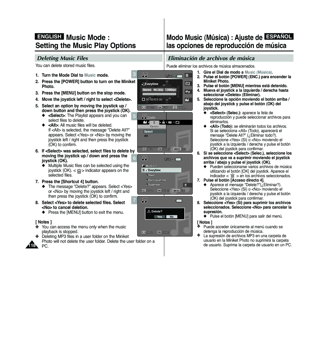 Samsung VP-MM12S/XET English Music Mode, Deleting Music Files Eliminación de archivos de música, No to cancel deletion 