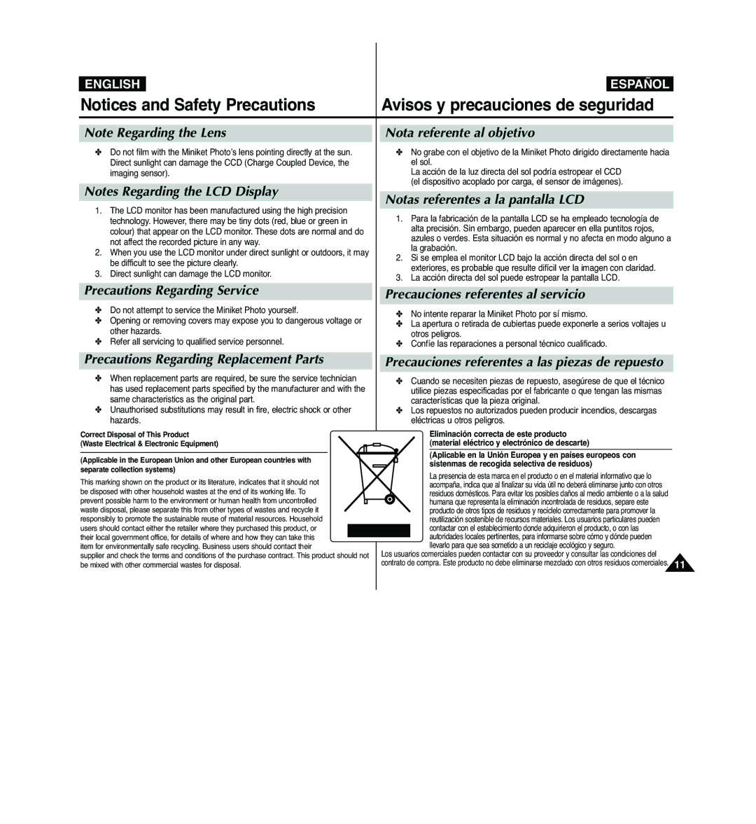 Samsung VP-MM12BL/XET manual Nota referente al objetivo, Precautions Regarding Service, Notas referentes a la pantalla LCD 