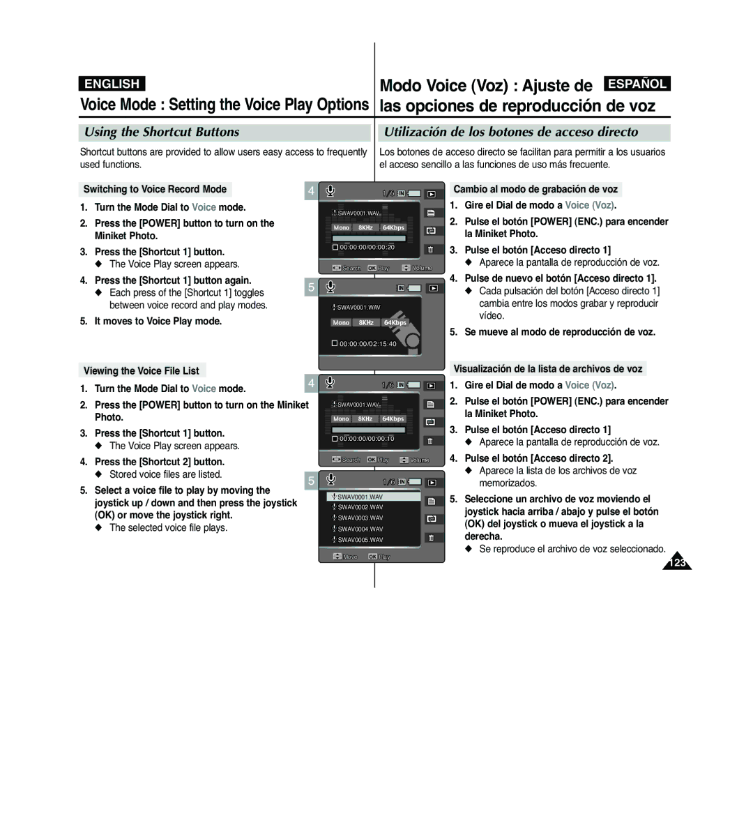 Samsung VP-MM11S/XEV manual Modo Voice Voz Ajuste de, Las opciones de reproducción de voz, Voice Play screen appears 