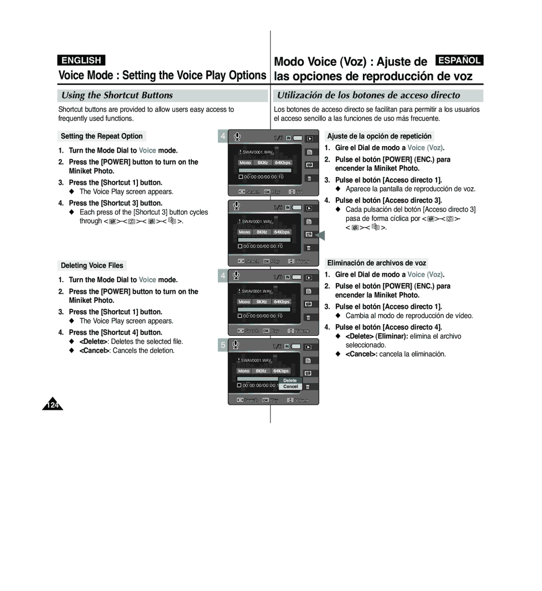 Samsung VP-MM12S/XEV manual Delete Deletes the selected file Cancel Cancels the deletion, Cancel cancela la eliminación 