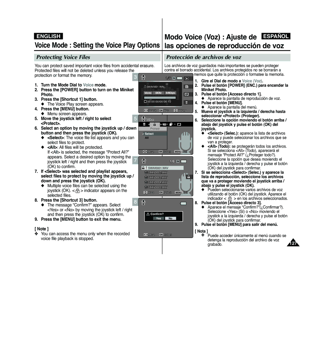 Samsung VP-MM12S/XET, VP-MM11S/XEF, VP-MM11S/XET manual Modo Voice Voz Ajuste de, Voice Mode Setting the Voice Play Options 