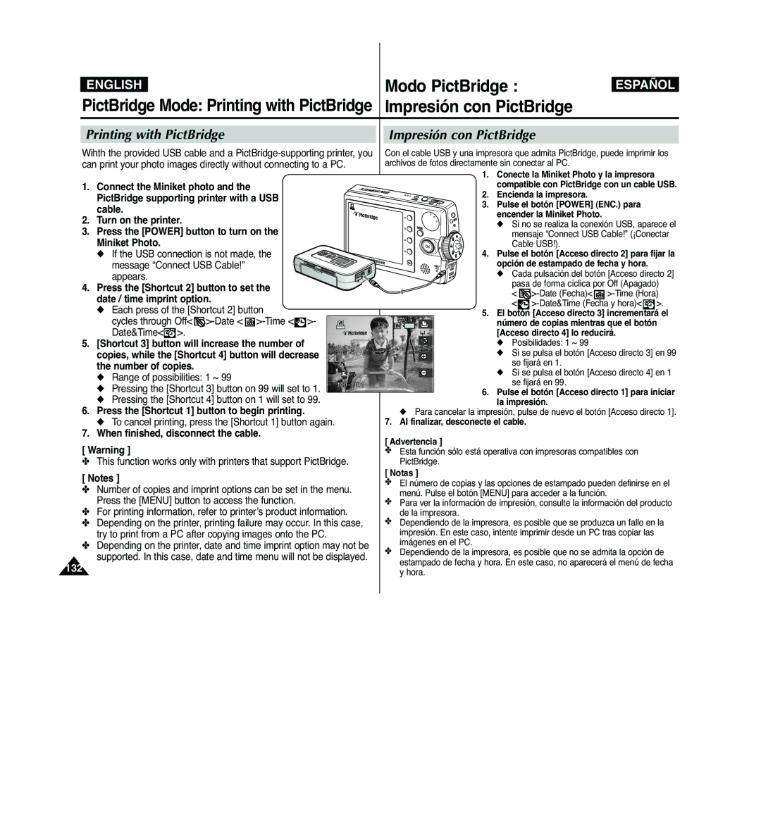 Samsung VP-MM11S/XEV, VP-MM11S/XEF, VP-MM11S/XET manual Modo PictBridge, Printing with PictBridge, Impresión con PictBridge 