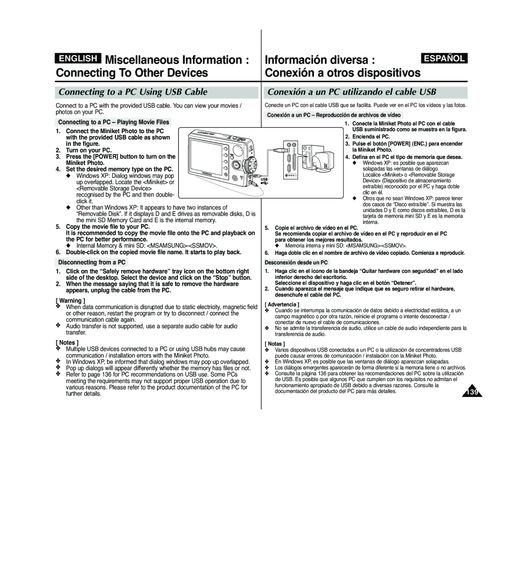 Samsung VP-MM11S/CHN, VP-MM11S/XEF, VP-MM11S/XET manual Conexión a otros dispositivos, Connecting to a PC Using USB Cable 