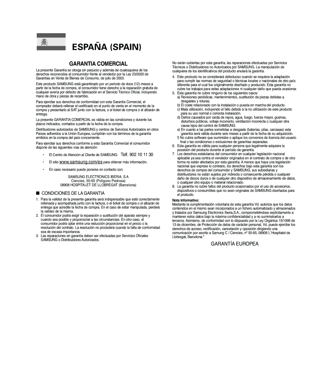 Samsung VP-MM12BL/XET, VP-MM11S/XEF, VP-MM11S/XET, VP-MM12S/XET, VP-MM11S/AND, VP-MM11S/CHN, VP-MM11S/MEA manual España Spain 