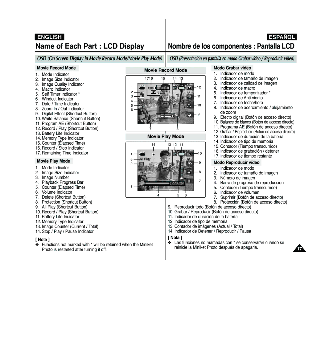 Samsung VP-MM11S/XEF, VP-MM11S/XET, VP-MM12S/XET, VP-MM12BL/XET, VP-MM11S/AND manual Name of Each Part LCD Display, Nota 