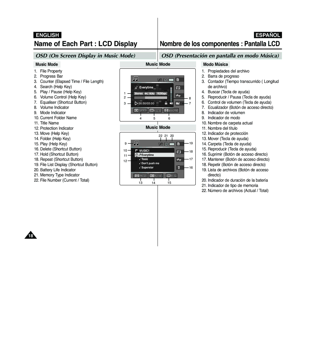 Samsung VP-MM11S/XET, VP-MM11S/XEF, VP-MM12S/XET, VP-MM12BL/XET, VP-MM11S/AND, VP-MM11S/CHN manual Music Mode Modo Música 