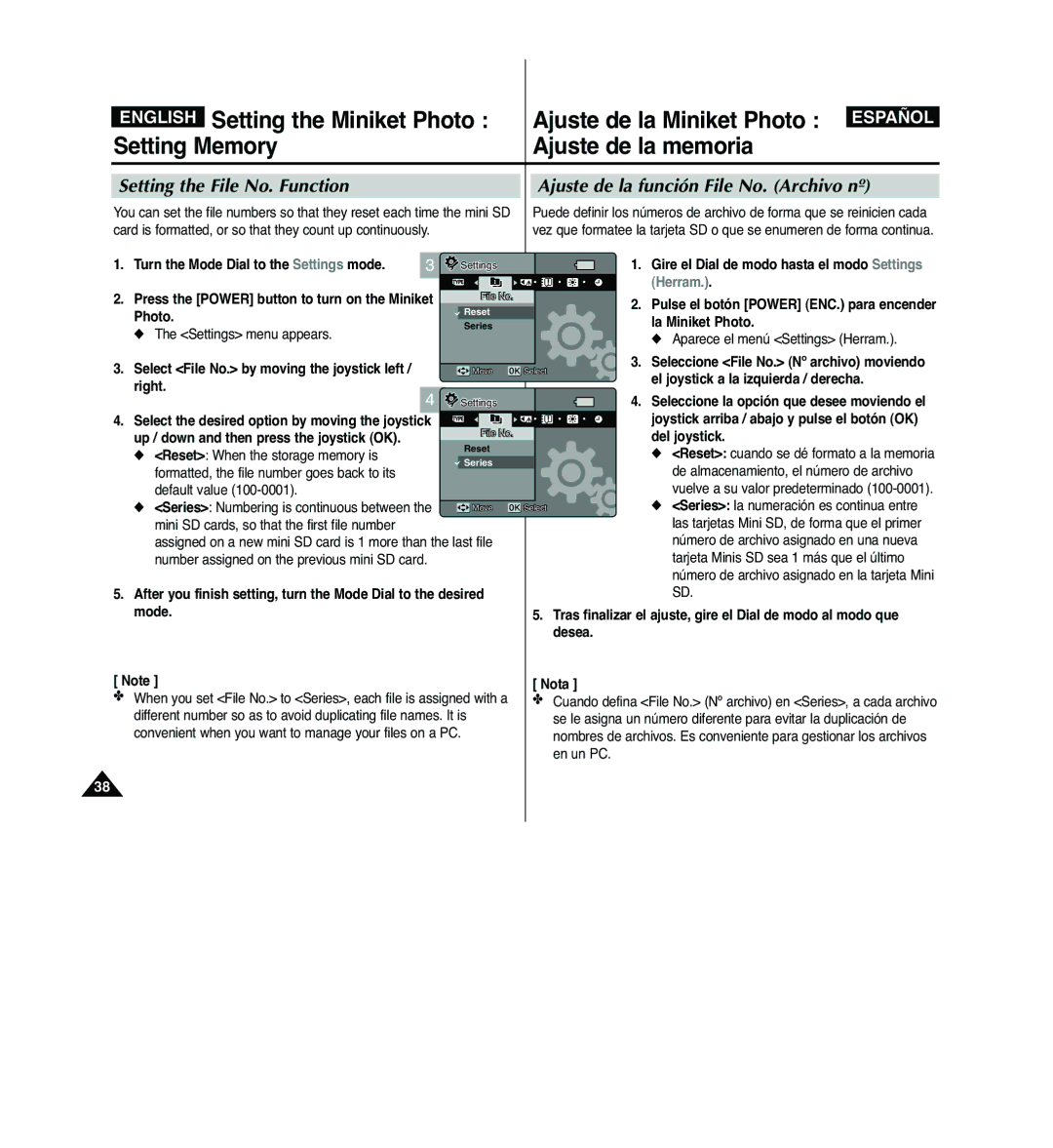 Samsung VP-MM12BL/XET Turn the Mode Dial to the Settings mode, La Miniket Photo, El joystick a la izquierda / derecha 