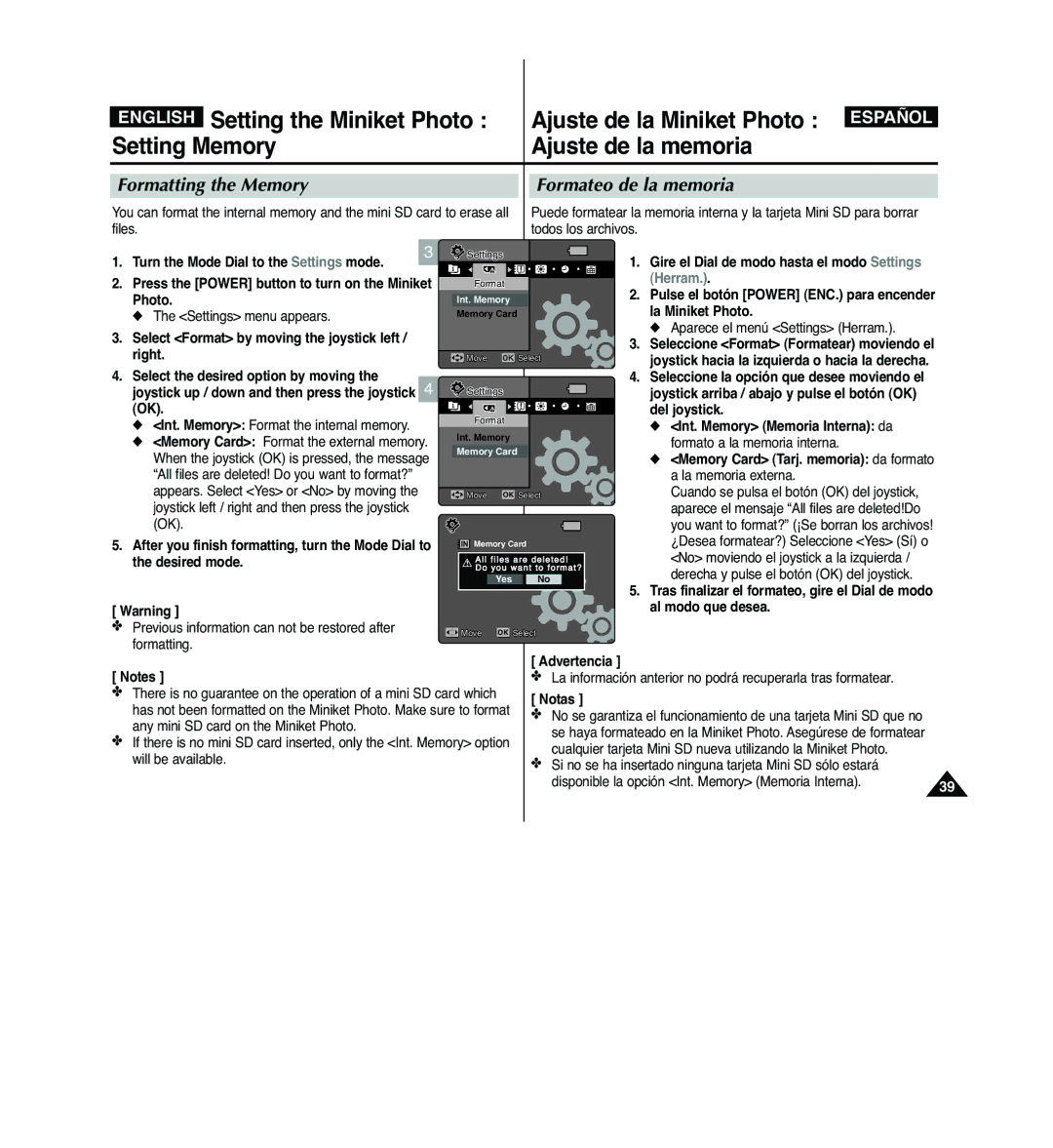 Samsung VP-MM11S/AND, VP-MM11S/XEF, VP-MM11S/XET, VP-MM12S/XET, VP-MM12BL/XET Formatting the Memory Formateo de la memoria 