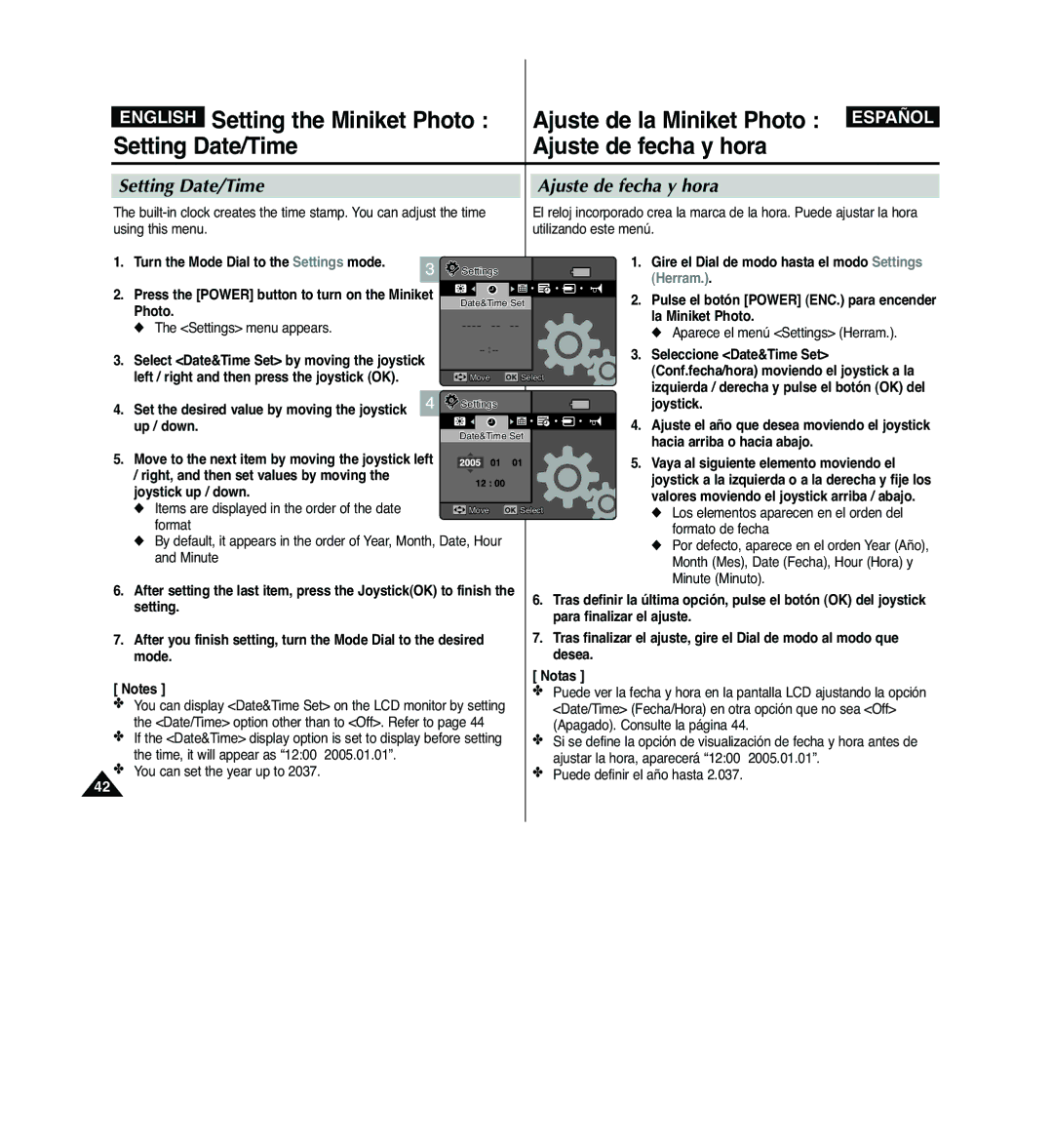 Samsung VP-MM11S/XEV, VP-MM11S/XEF, VP-MM11S/XET, VP-MM12S/XET, VP-MM12BL/XET manual Setting Date/Time Ajuste de fecha y hora 