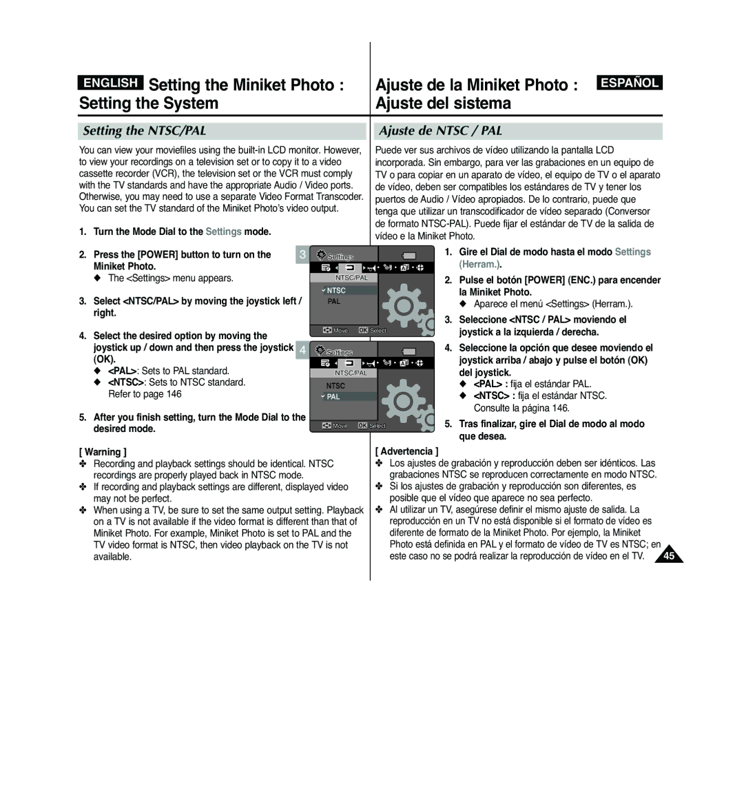 Samsung VP-MM11S/XET, VP-MM11S/XEF, VP-MM12S/XET, VP-MM12BL/XET Setting the System Ajuste del sistema, Setting the NTSC/PAL 