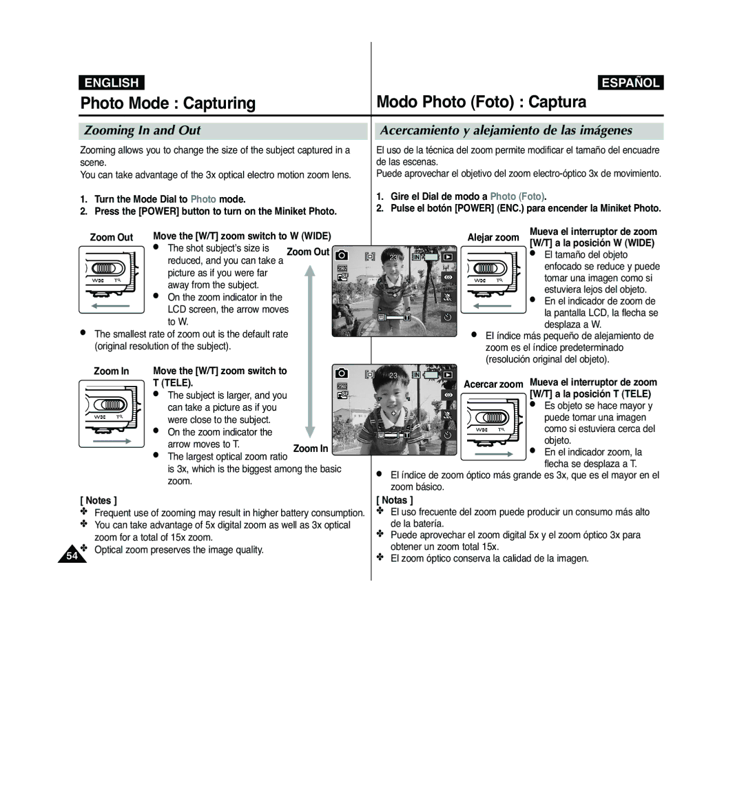 Samsung VP-MM11S/XET, VP-MM11S/XEF, VP-MM12S/XET manual Zooming In and Out, Acercamiento y alejamiento de las imágenes 