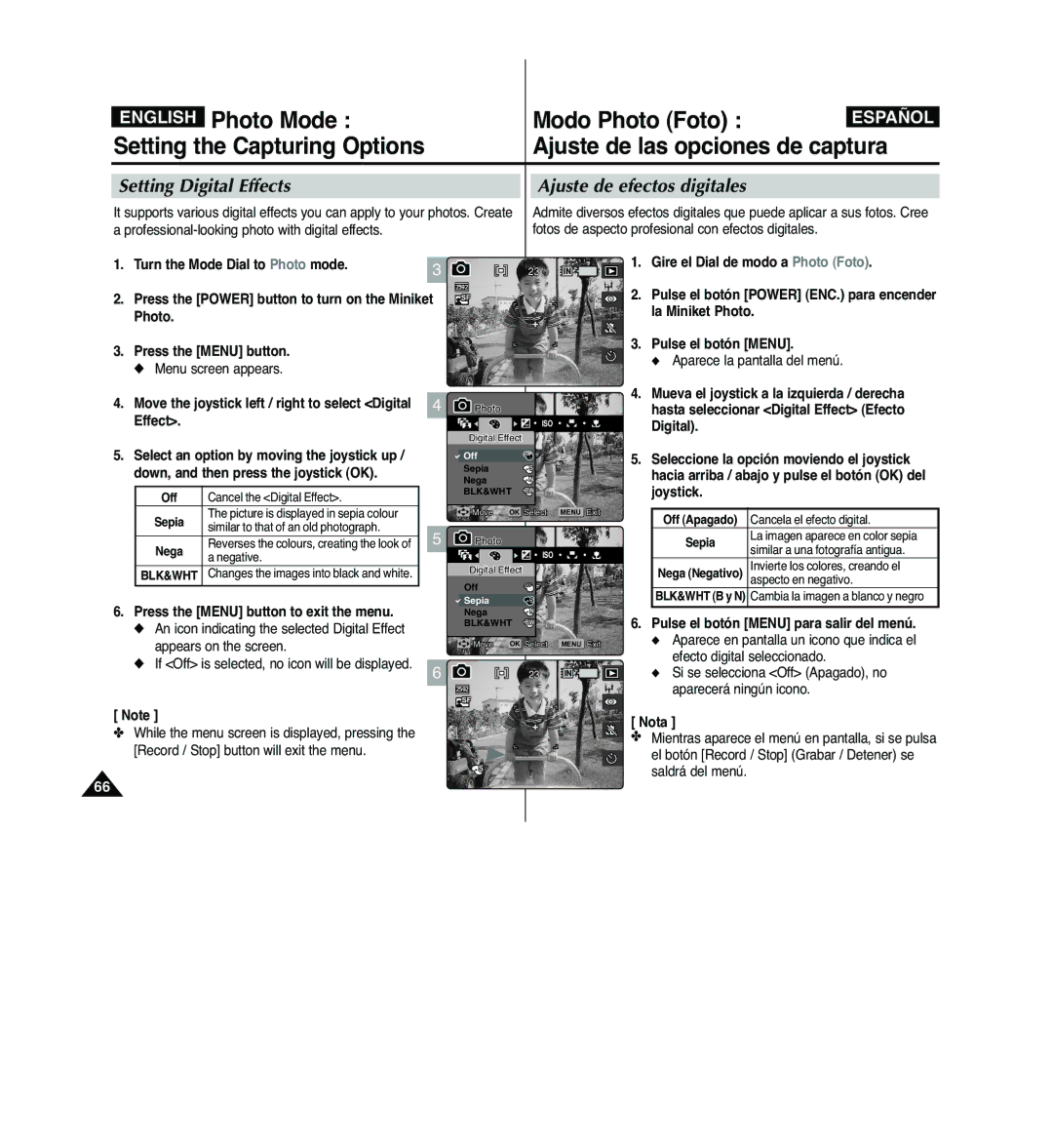 Samsung VP-MM11S/AND, VP-MM11S/XEF, VP-MM11S/XET, VP-MM12S/XET Setting Digital Effects, Ajuste de efectos digitales, Sepia 