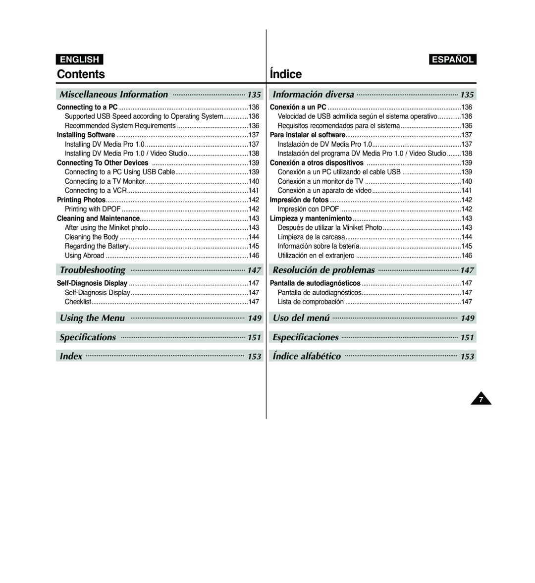 Samsung VP-MM12S/XEV, VP-MM11S/XEF, VP-MM11S/XET, VP-MM12S/XET, VP-MM12BL/XET, VP-MM11S/AND, VP-MM11S/CHN manual Contents Índice 