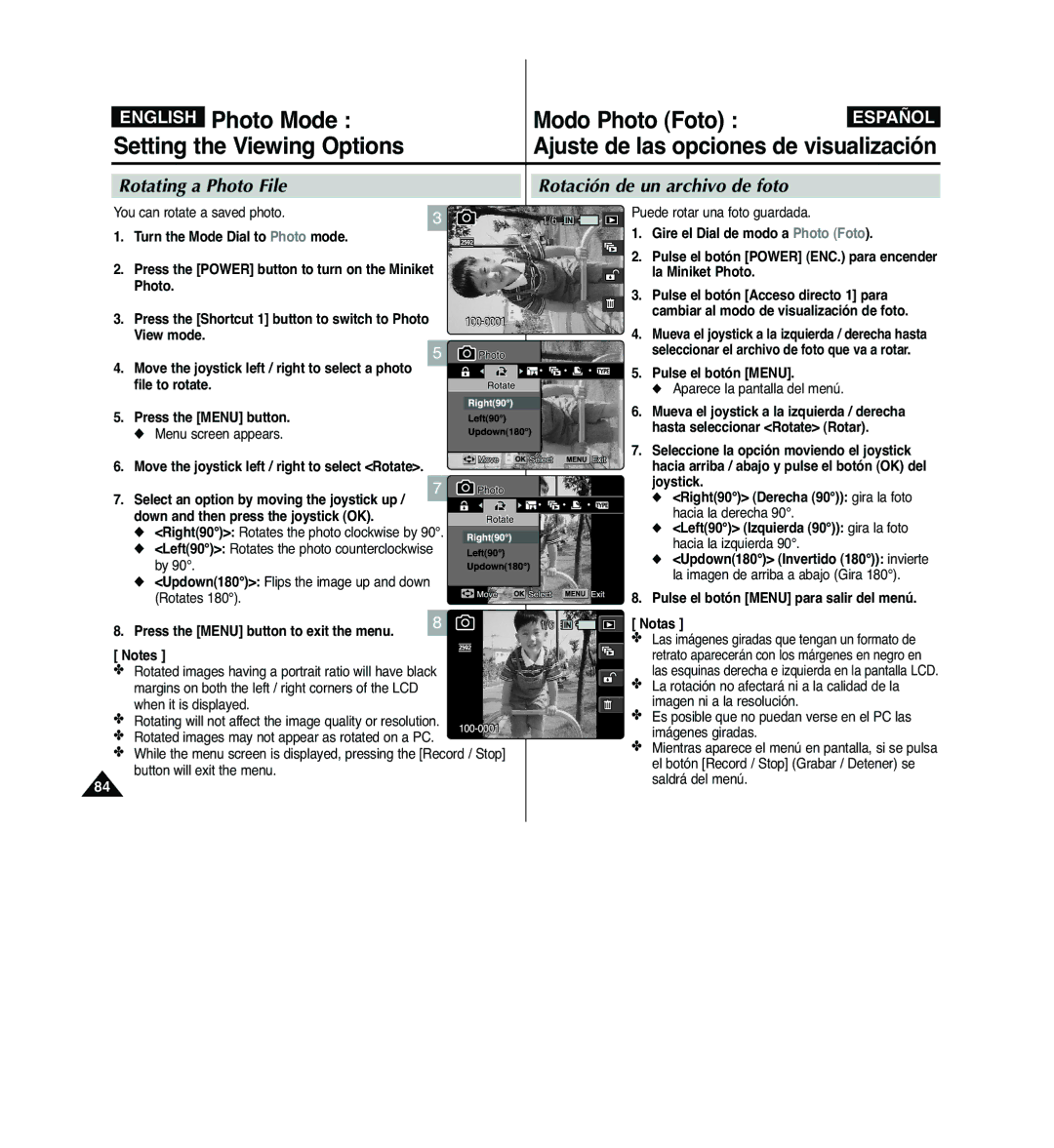 Samsung VP-MM11S/AND, VP-MM11S/XEF manual Rotating a Photo File Rotación de un archivo de foto, You can rotate a saved photo 