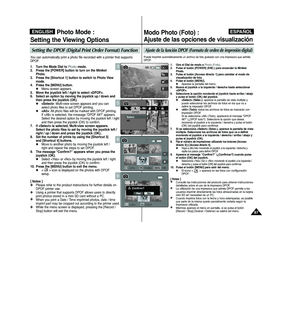 Samsung VP-MM11S/XEV, VP-MM11S/XEF manual Photo Mode, Modo Photo Foto, Setting the Dpof Digital Print Order Format Function 