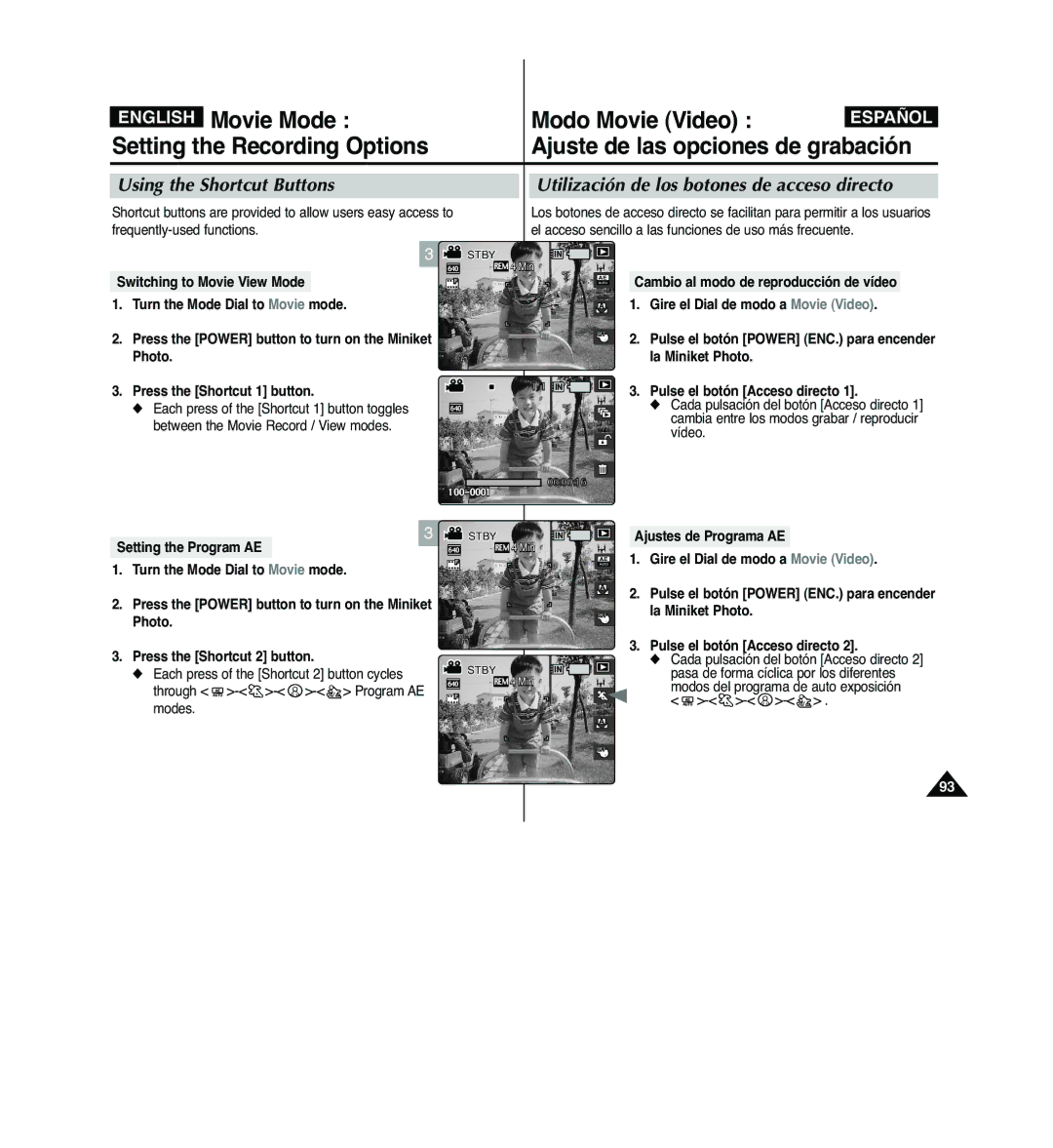 Samsung VP-MM11S/AND, VP-MM11S/XEF, VP-MM11S/XET manual Movie Mode Modo Movie Video, Between the Movie Record / View modes 