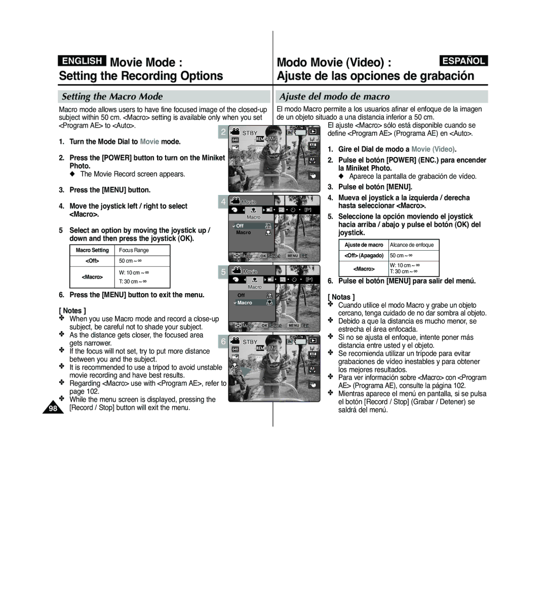 Samsung VP-MM11S/XEF, VP-MM11S/XET manual Program AE to Auto, Define Program AE Programa AE en Auto, Hasta seleccionar Macro 