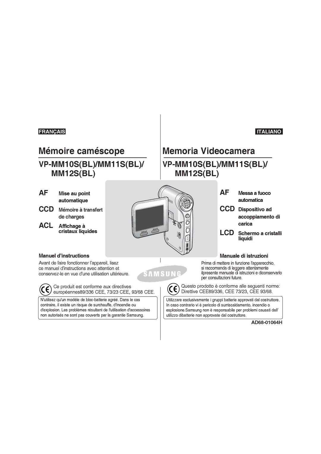 Samsung VP-MM11S/XET, VP-MM11S/XEF, VP-MM12S/XET, VP-MM12BL/XET manual Messa a fuoco automatica, AD68-01064H 