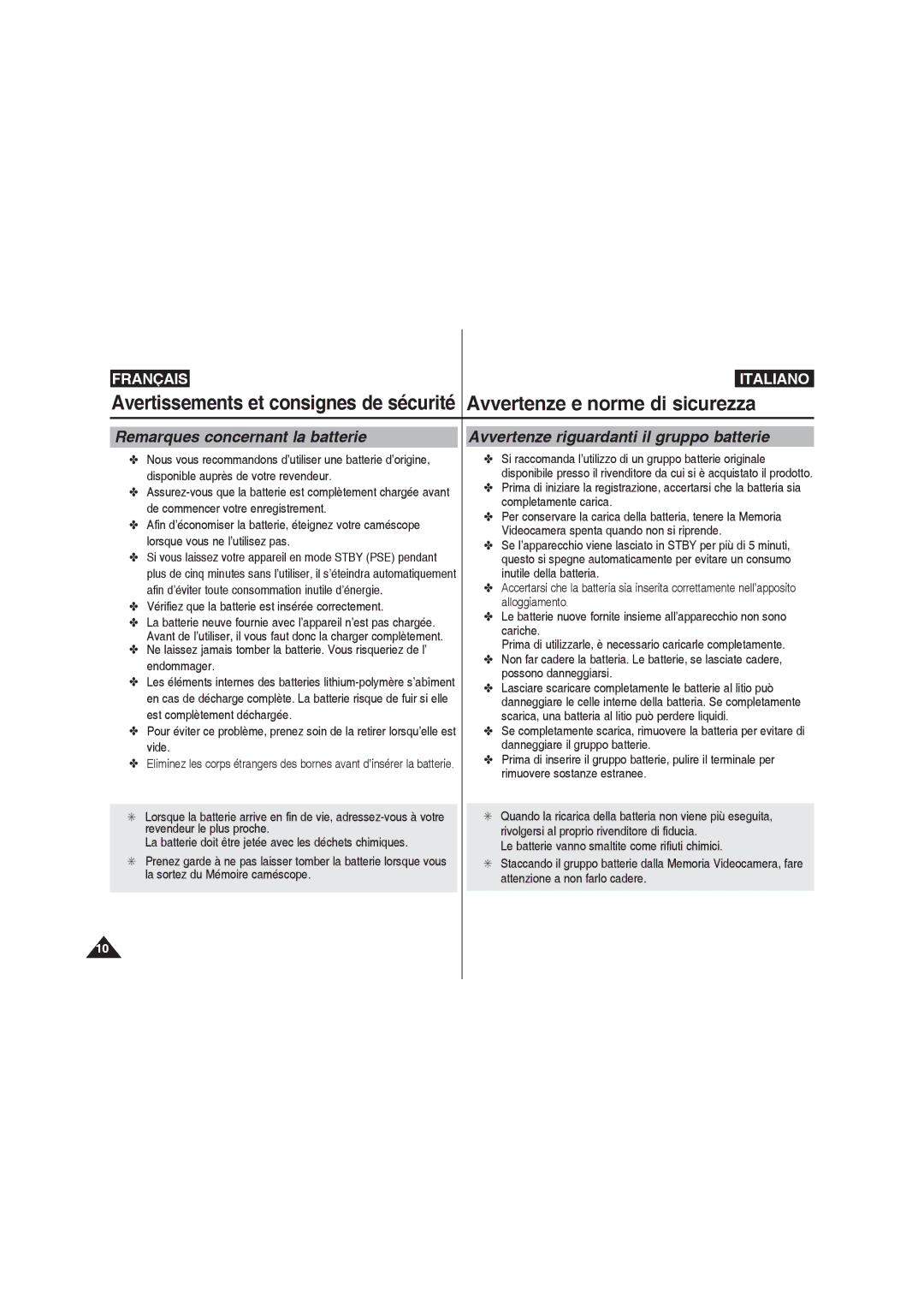 Samsung VP-MM12S/XET, VP-MM11S/XEF manual Remarques concernant la batterie, Avvertenze riguardanti il gruppo batterie 