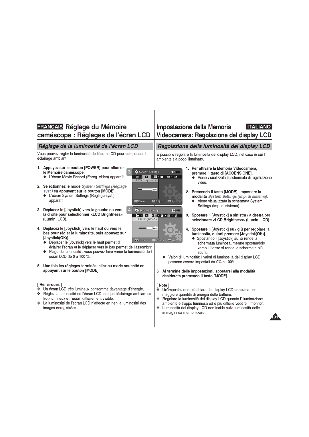 Samsung VP-MM11S/XET Caméscope Réglages de l’écran LCD, Réglage de la luminosité de l’écran LCD, Écran LCD de 0 à 100 % 