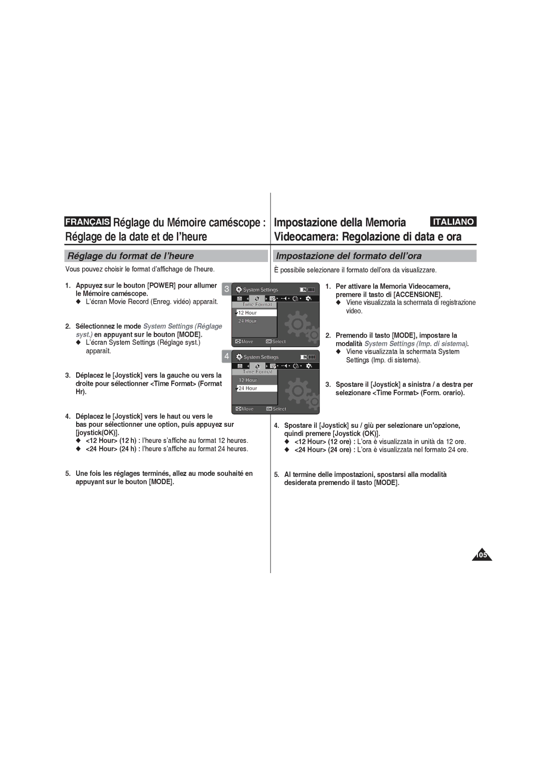 Samsung VP-MM11S/XET, VP-MM11S/XEF, VP-MM12S/XET, VP-MM12BL/XET manual System Settings Time Format, Time Format Hour 