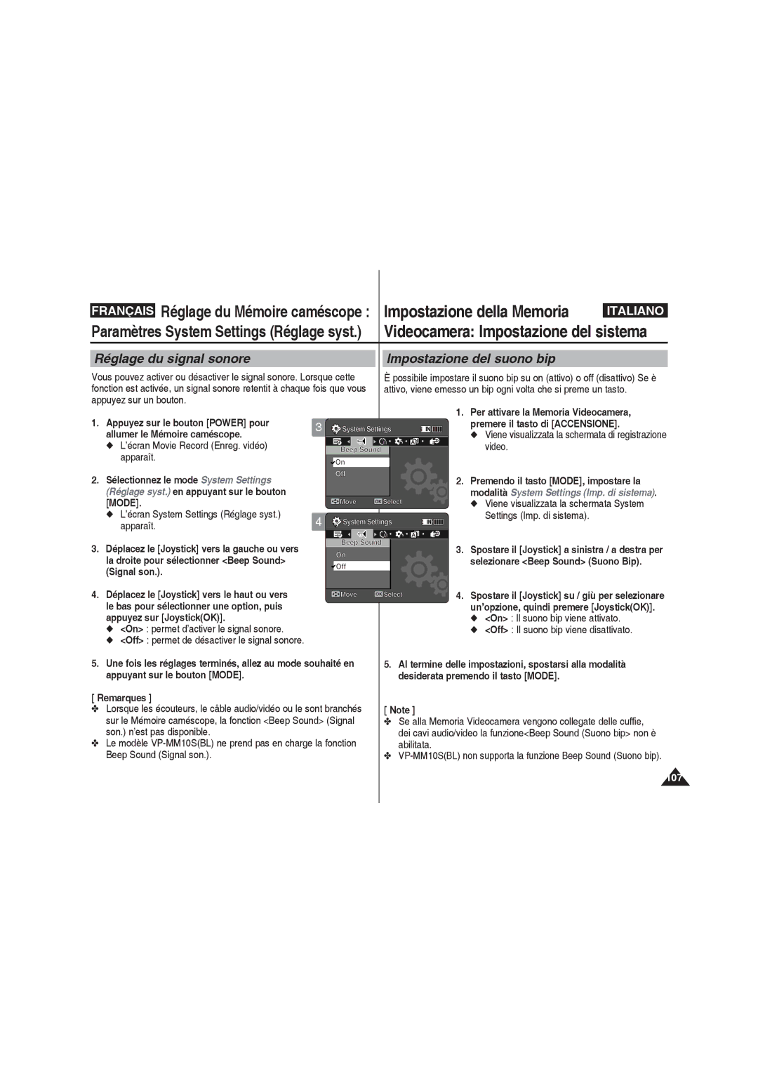 Samsung VP-MM12BL/XET manual Réglage du signal sonore Impostazione del suono bip, On permet d’activer le signal sonore 