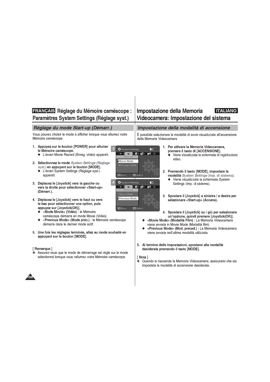 Samsung VP-MM11S/XEF, VP-MM11S/XET, VP-MM12S/XET Réglage du mode Start-up Démarr, Impostazione della modalità di accensione 