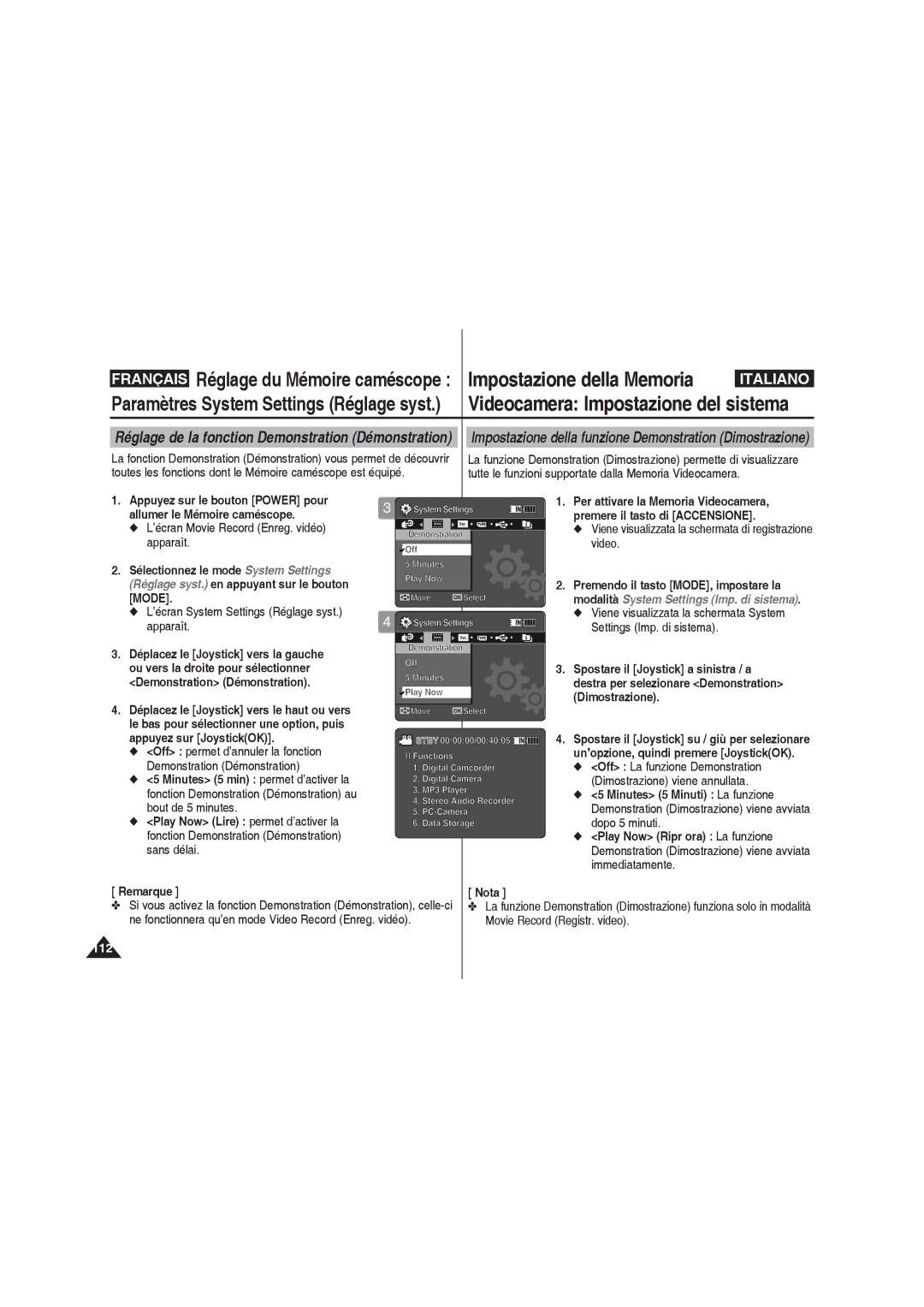 Samsung VP-MM11S/XEF manual Off La funzione Demonstration Dimostrazione viene annullata, Demonstration Off Minutes Play Now 